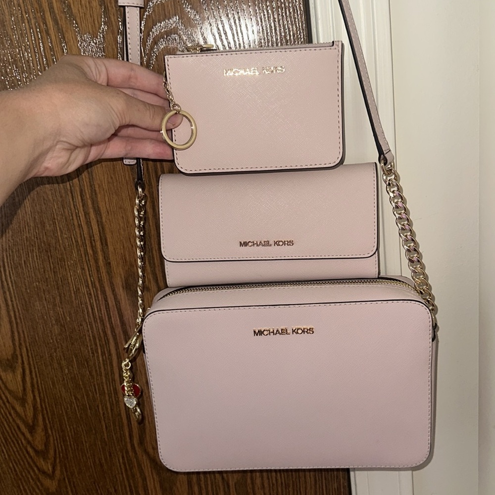 Michael Kors Set Blush Pink Crossbody Bag Wallet Keyholder Keychain - Picture 2 of 14